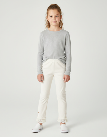 Pantalon Blanc Côtelé Dentelle Boutons Fille Confortable - Cordé