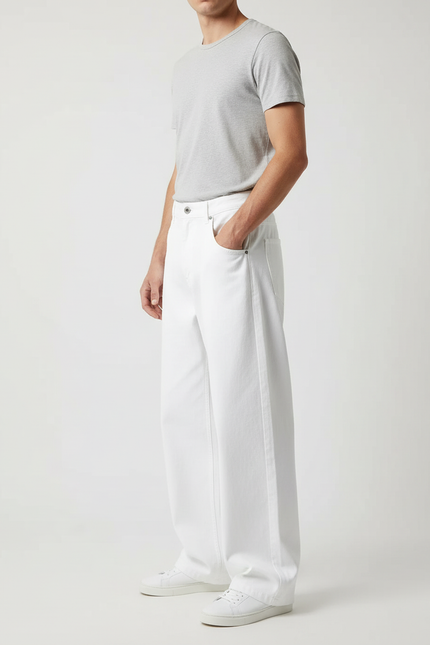 Pantalon Blanc Homme Ample Décontracté Coton Droit