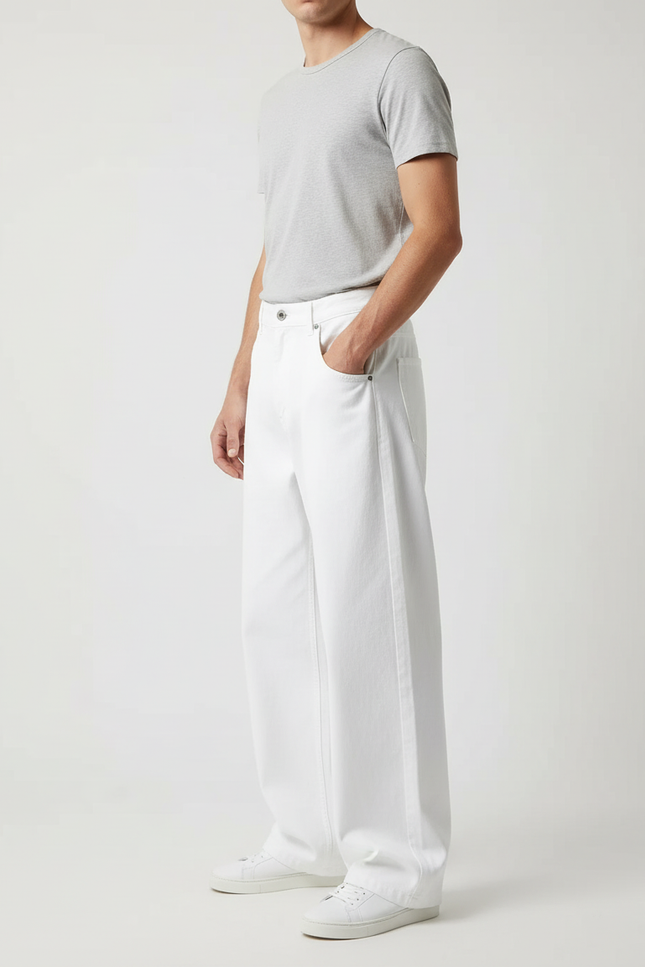 Pantalon Blanc Homme Ample Décontracté Coton Droit
