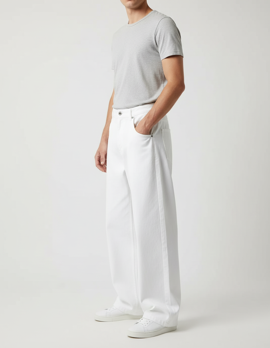 Pantalon Blanc Homme Ample Décontracté Coton Droit