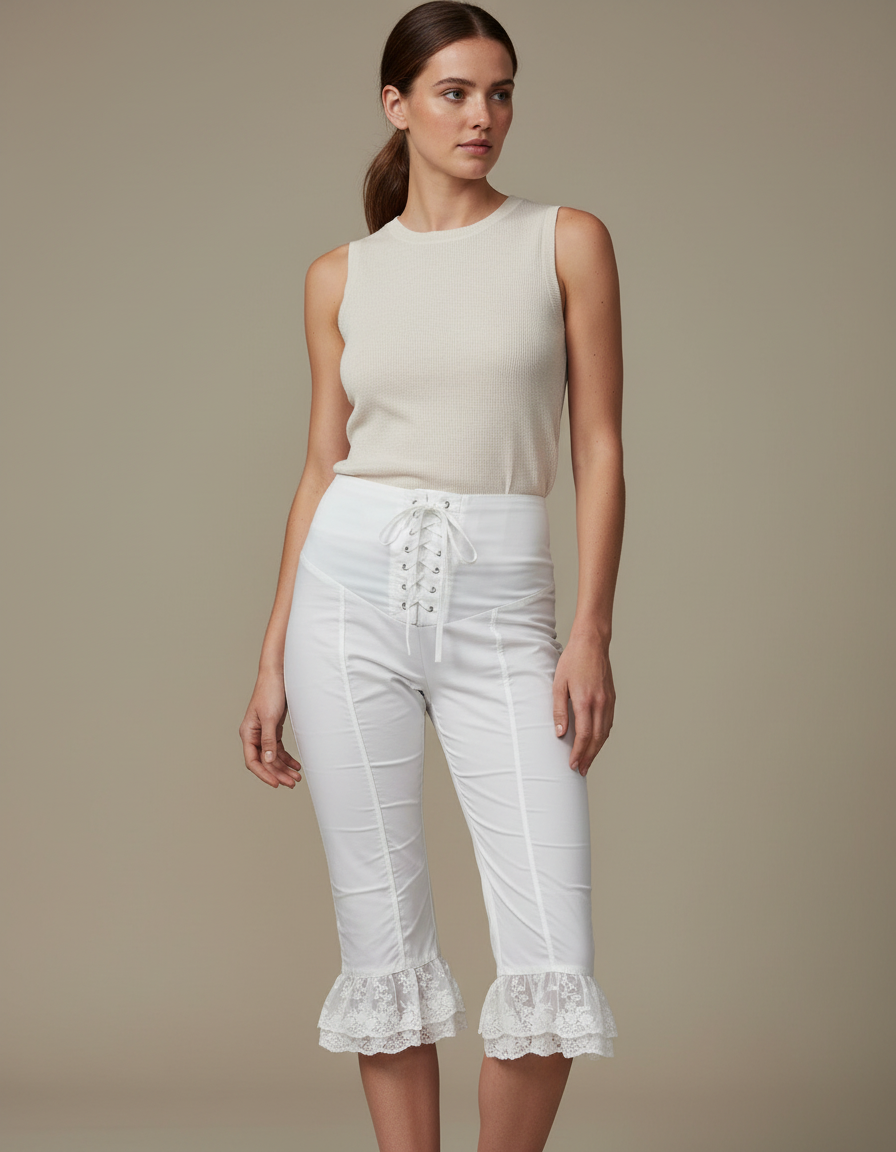 Pantalon Blanc Capri Dentelle Volants Croisé Ajusté Été - Gabardine