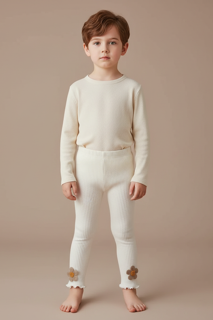 Pantalon Blanc Côtelé Tricoté Fleurs Enfant - Maille