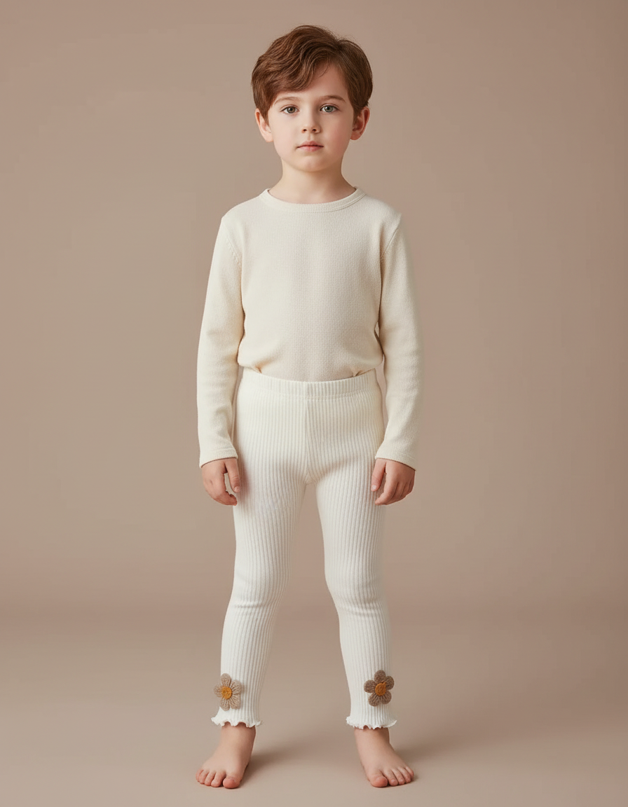 Pantalon Blanc Côtelé Tricoté Fleurs Enfant - Maille