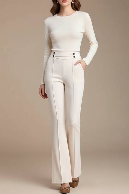 Pantalon Blanc Évasé Taille Haute Élégant Boutons - Beige Polyester