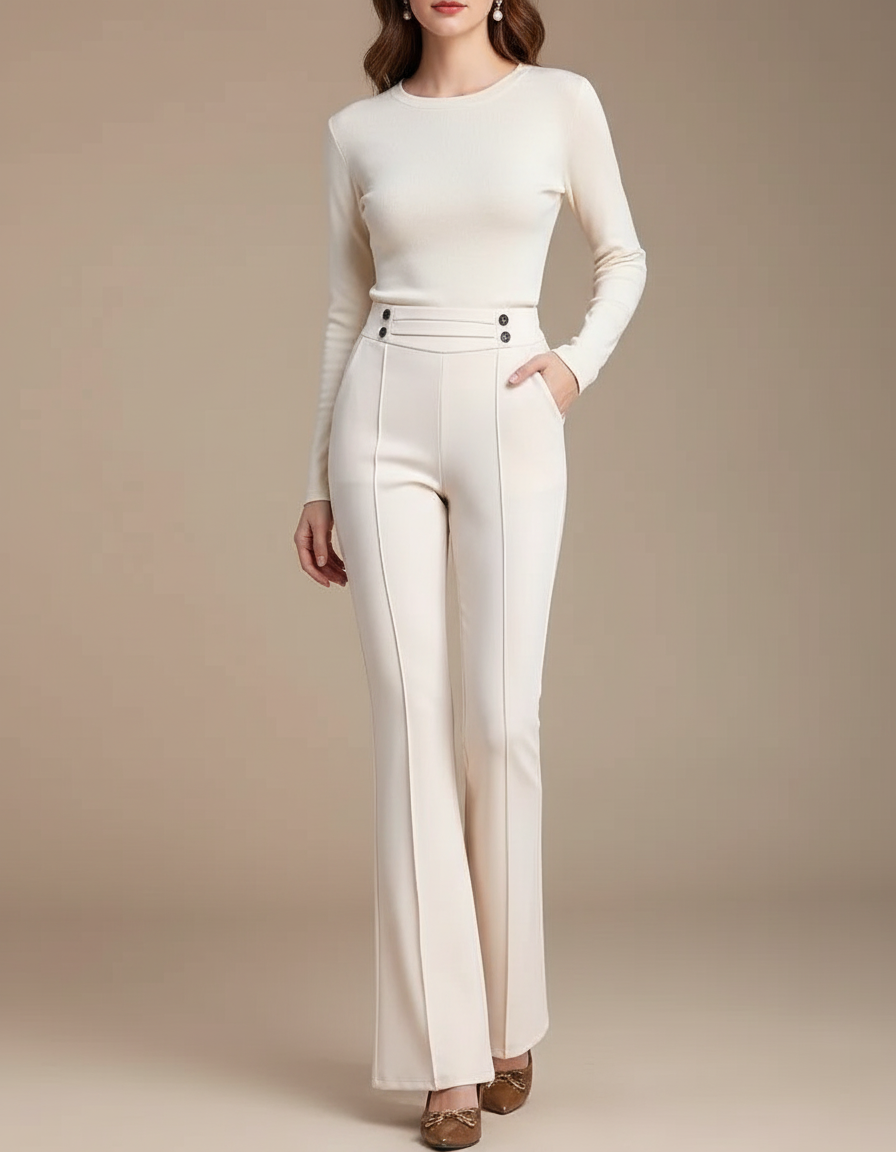 Pantalon Blanc Évasé Taille Haute Élégant Boutons - Beige Polyester