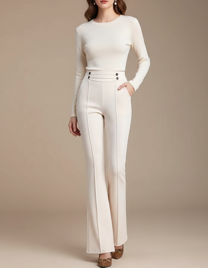 Pantalon Blanc Évasé Taille Haute Élégant Boutons - Beige Polyester