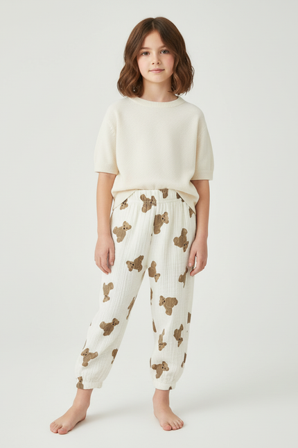 Pantalon Blanc Coton Ours Décontracté Enfant Fluide - Maille