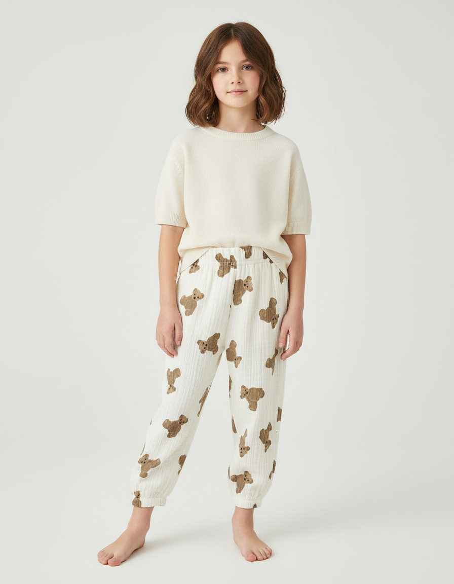 Pantalon Blanc Coton Ours Décontracté Enfant Fluide - Maille