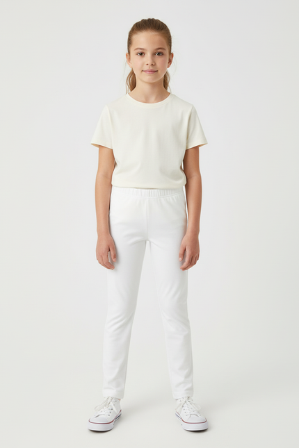 Pantalon Blanc Fille Slim Élastique Confortable Uni - Polyester