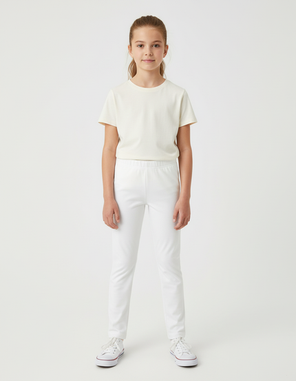 Pantalon Blanc Fille Slim Élastique Confortable Uni - Polyester