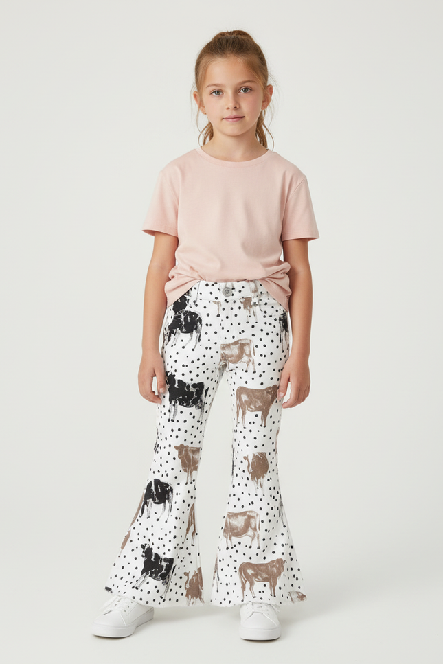Pantalon Blanc Fille Évasé Motif Vache - Imprimé Coton