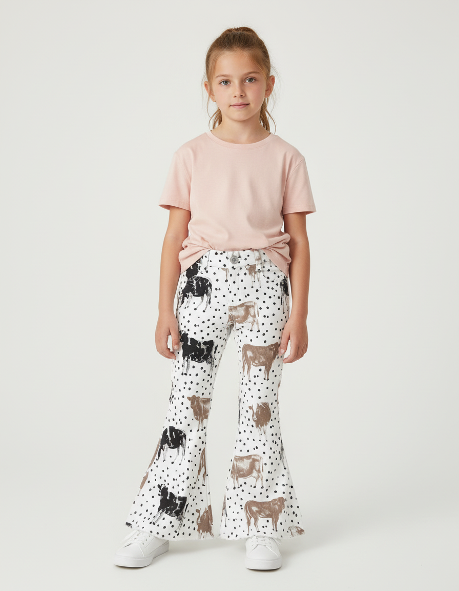 Pantalon Blanc Fille Évasé Motif Vache - Imprimé Coton