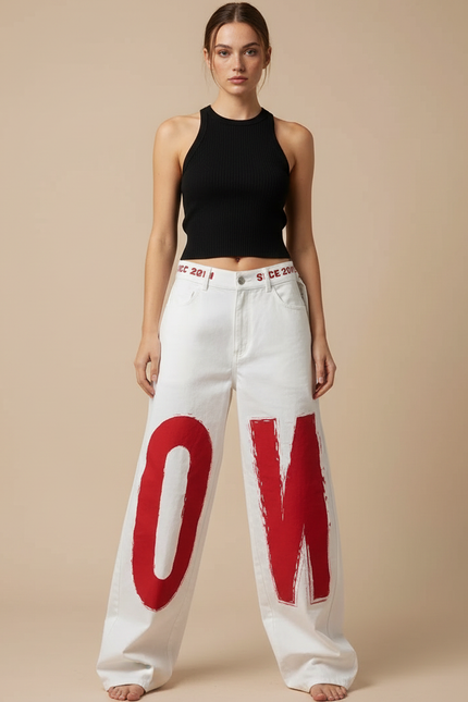 Pantalon Blanc Ample Imprimé Lettres Y2K Femme - Jean