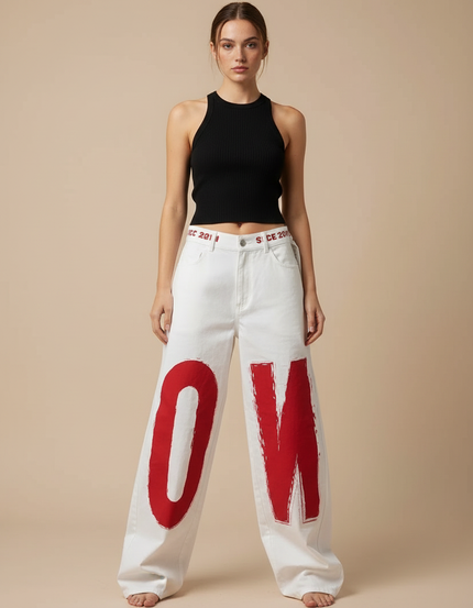 Pantalon Blanc Ample Imprimé Lettres Y2K Femme - Jean
