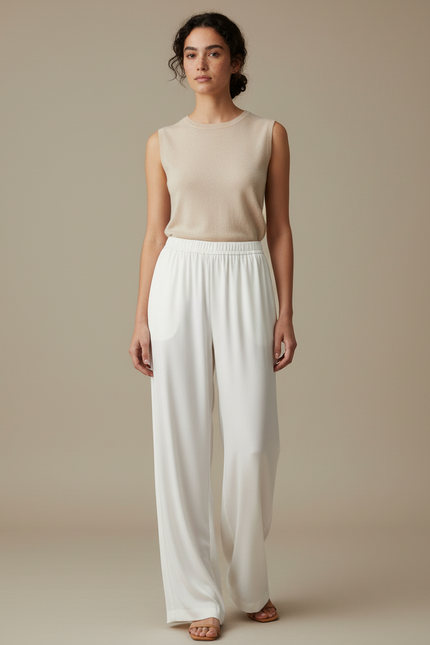 Pantalon Blanc Fluide Ample Taille Haute Élégant - Viscose