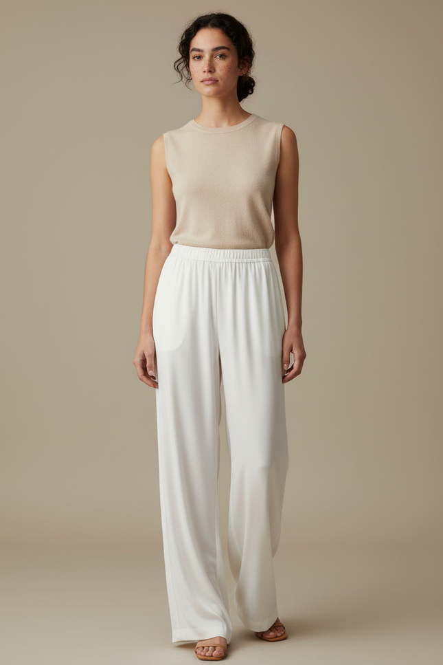 Pantalon Blanc Fluide Ample Taille Haute Élégant - Viscose