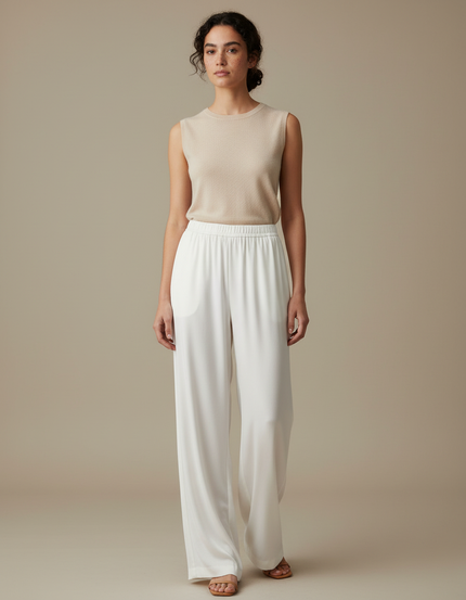 Pantalon Blanc Fluide Ample Taille Haute Élégant - Viscose
