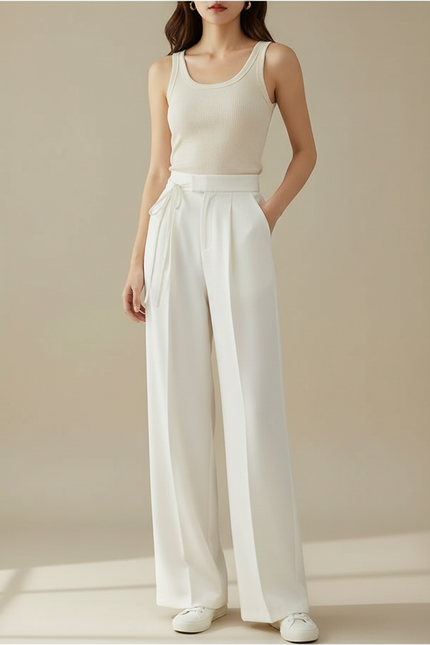 Pantalon Blanc Ample Taille Haute Fluide Élégant - Polyester
