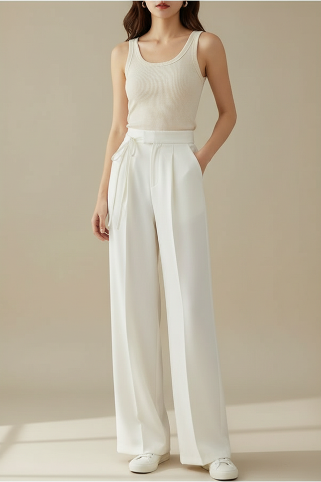 Pantalon Blanc Ample Taille Haute Fluide Élégant - Polyester