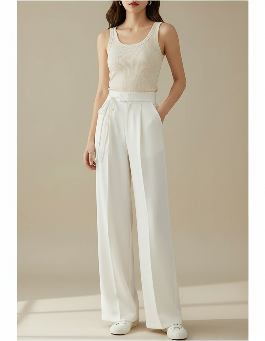 Pantalon Blanc Ample Taille Haute Fluide Élégant - Polyester