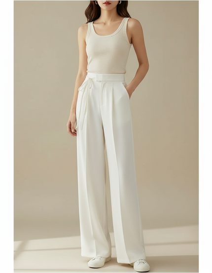 Pantalon Blanc Ample Taille Haute Fluide Élégant - Polyester