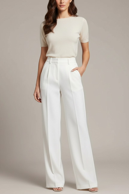 Pantalon Blanc Élégant Taille Haute Droit Femme - Polyester