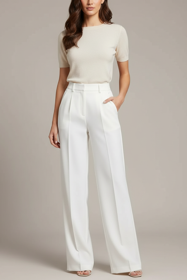 Pantalon Blanc Élégant Taille Haute Droit Femme - Polyester