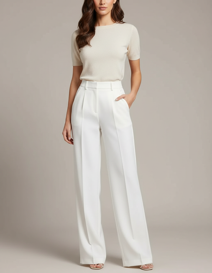 Pantalon Blanc Élégant Taille Haute Droit Femme - Polyester