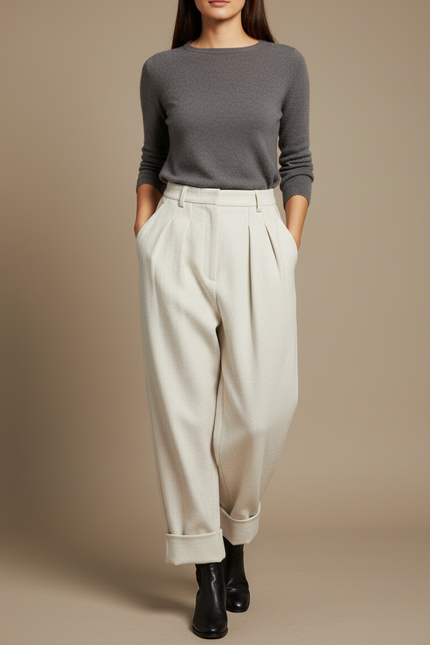 Pantalon Blanc Ample Plissé Laine Élégant Femme - Beige