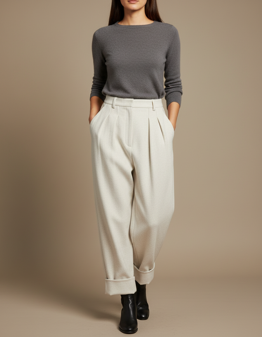 Pantalon Blanc Ample Plissé Laine Élégant Femme - Beige