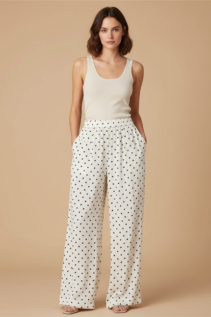Pantalon Blanc Fluide Ample Taille Haute Pois - Lin