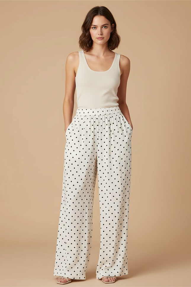Pantalon Blanc Fluide Ample Taille Haute Pois - Lin