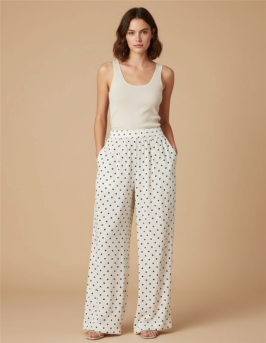 Pantalon Blanc Fluide Ample Taille Haute Pois - Lin