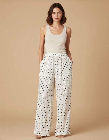 Pantalon Blanc Fluide Ample Taille Haute Pois - Lin