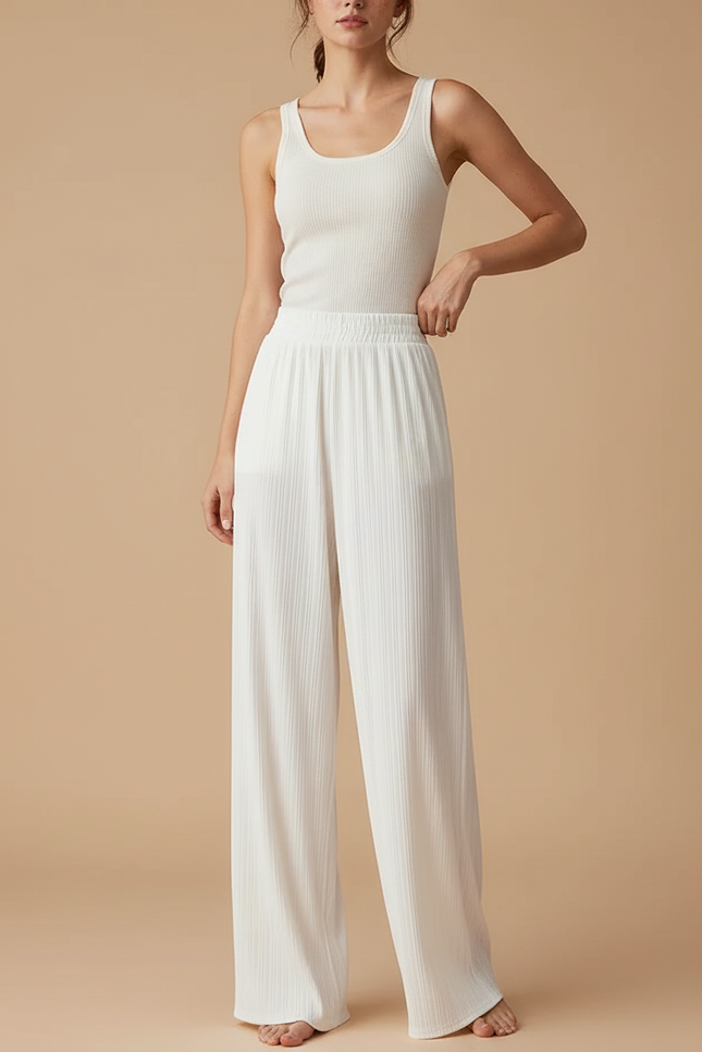 Pantalon Blanc Plissé Fluide Taille Haute Décontracté - Viscose