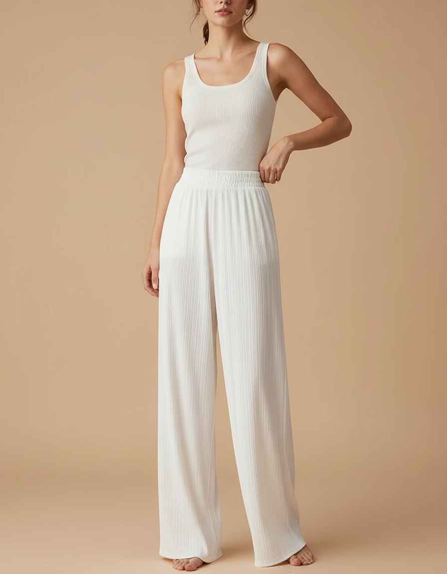 Pantalon Blanc Plissé Fluide Taille Haute Décontracté - Viscose