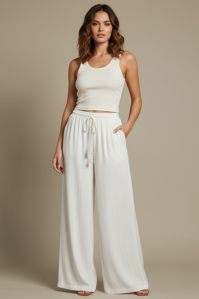 Pantalon Blanc Ample Fluide Décontracté Femme Cordon - Maille