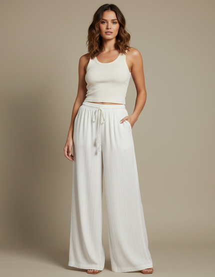 Pantalon Blanc Ample Fluide Décontracté Femme Cordon - Maille