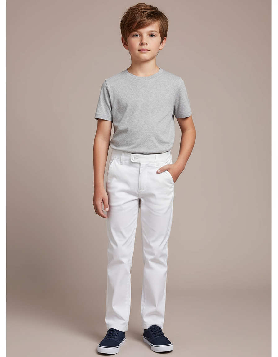 Pantalon Blanc Coton Droit Garçon Élégant Décontracté