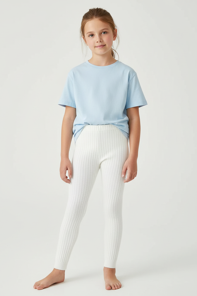 Pantalon Blanc Côtelé Tricoté Confortable Enfant Fille - Maille