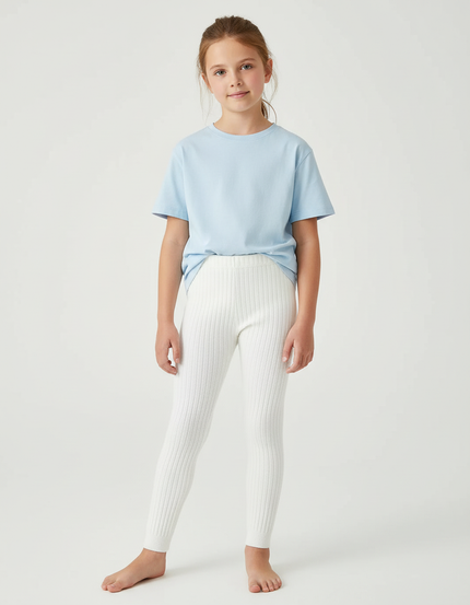 Pantalon Blanc Côtelé Tricoté Confortable Enfant Fille - Maille