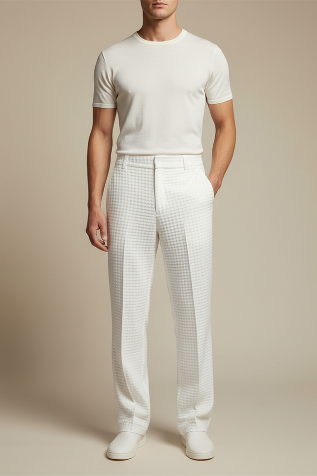 Pantalon Blanc Gaufre Droit Décontracté Homme Coton