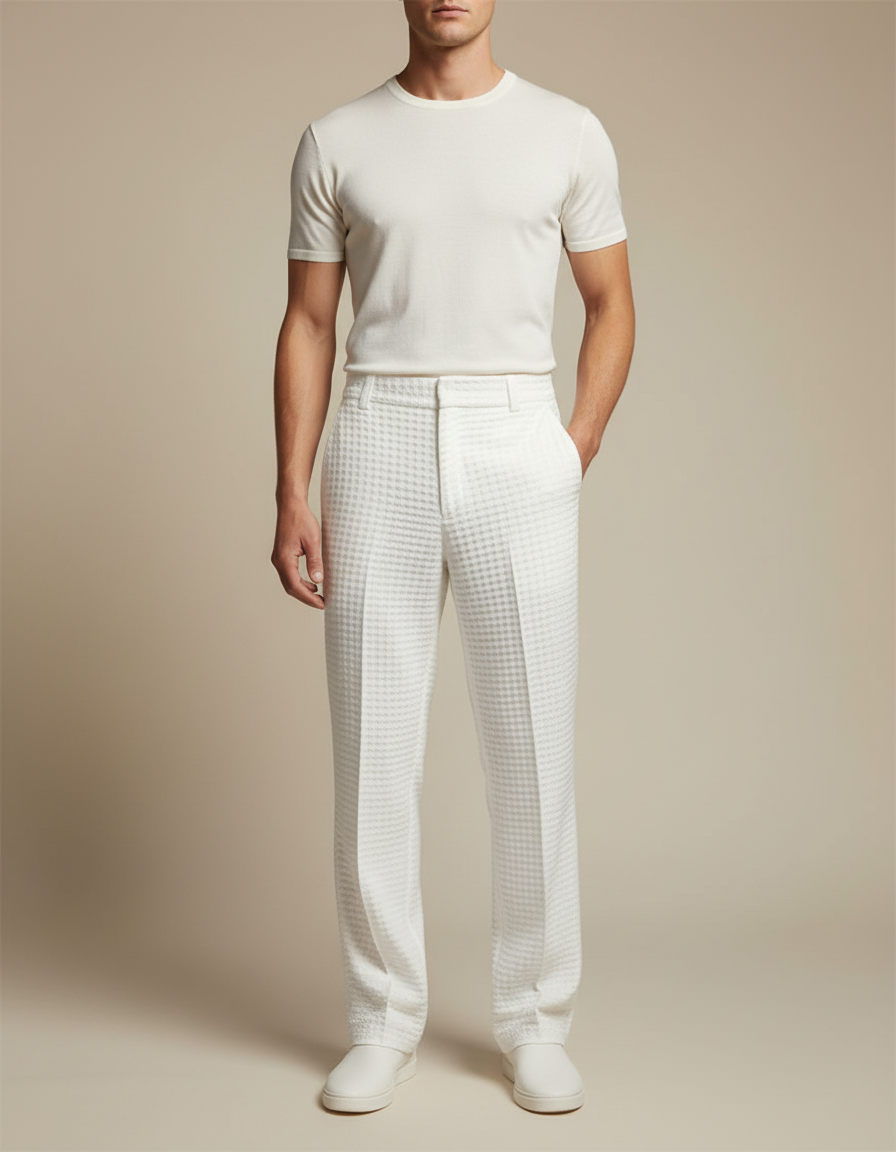 Pantalon Blanc Gaufre Droit Décontracté Homme Coton