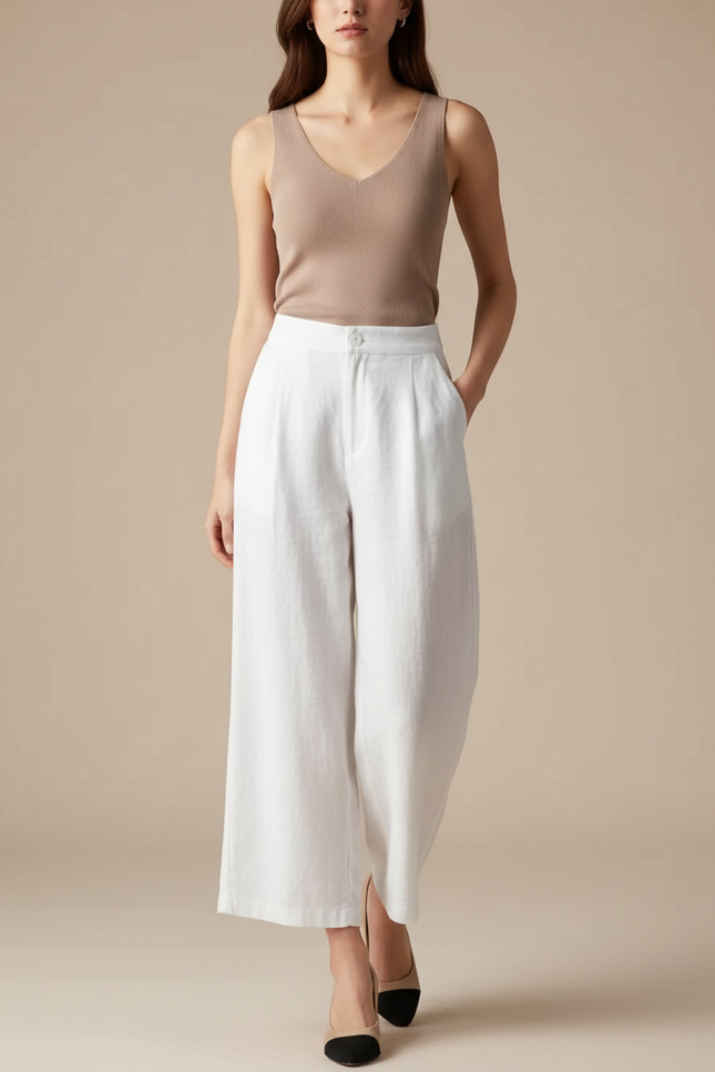 Pantalon Blanc Ample Lin Taille Haute Décontracté