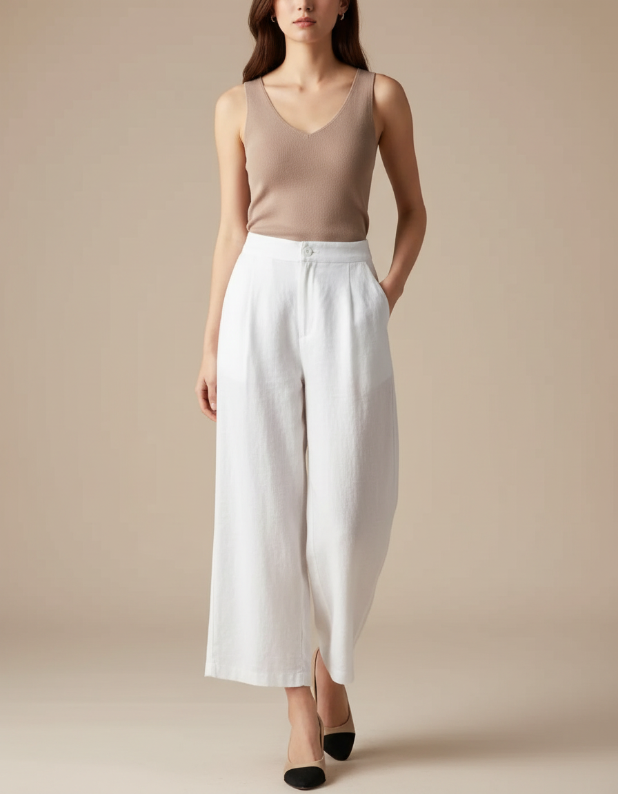 Pantalon Blanc Ample Lin Taille Haute Décontracté