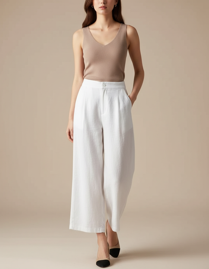 Pantalon Blanc Ample Lin Taille Haute Décontracté
