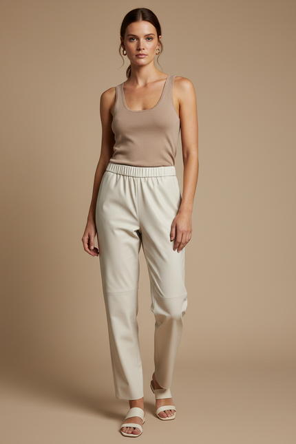 Pantalon Blanc Similicuir Ample Taille Élastique - Beige Simili cuir