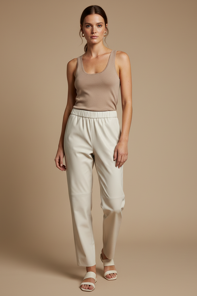 Pantalon Blanc Similicuir Ample Taille Élastique - Beige Simili cuir