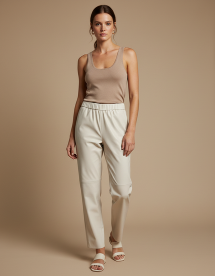 Pantalon Blanc Similicuir Ample Taille Élastique - Beige Simili cuir