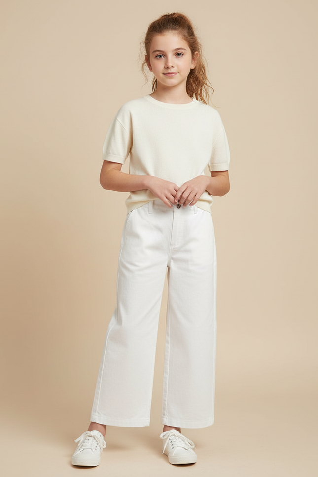 Pantalon Blanc Ample Droit Décontracté Fille Coton